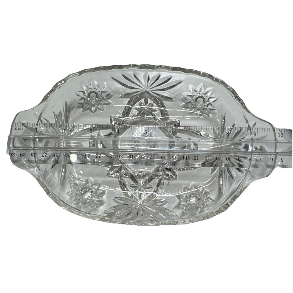 Vintage Pressed Clear Glass Divided Relish Dish‎ Starburst Pattern Oval Tray 10"